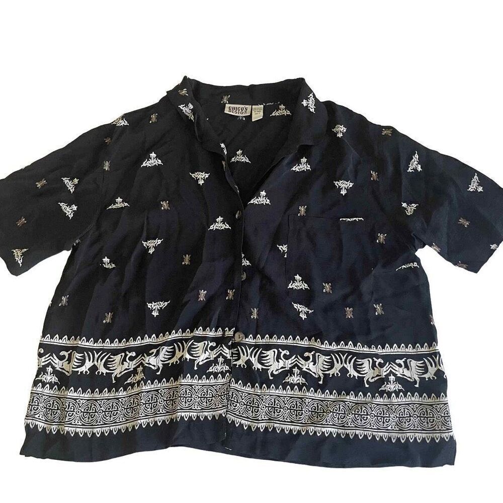 Vintage Chico's 100% Rayon Black Patterned Blouse Shirt Size‎ 2 (Large)